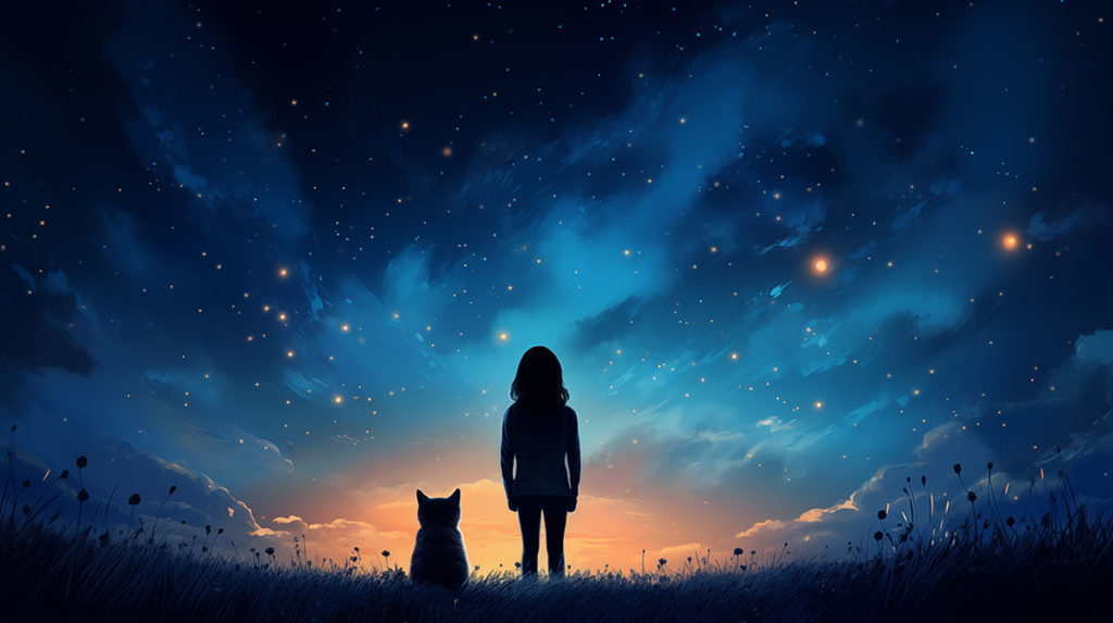 illustration enfant et chat de dos regaradant coucher de soleil et ciel etoile